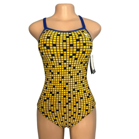 TYR Swimsuit One Piece Block Squares Yellow Black Open Back - Picture 1 of 13